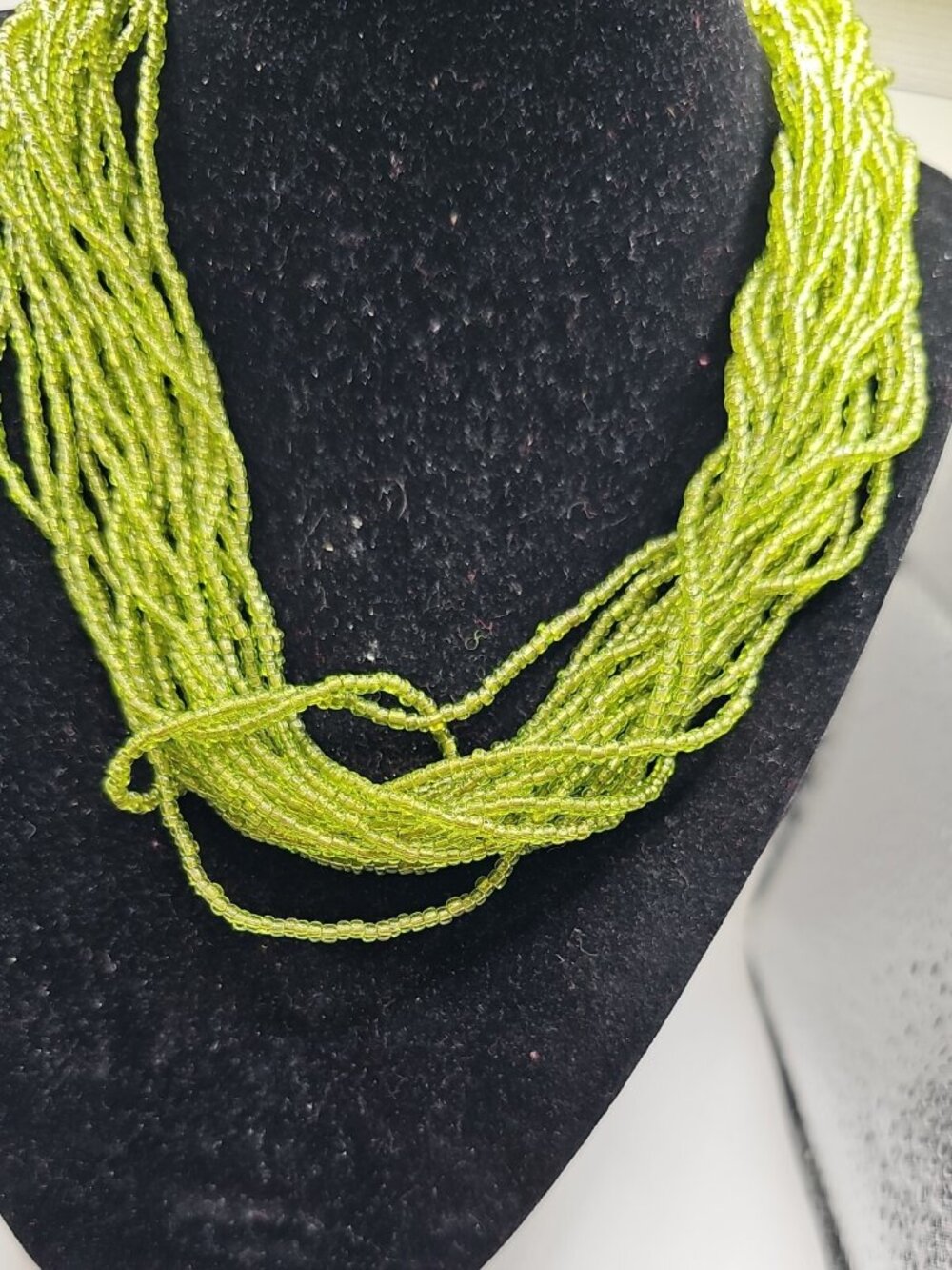 NECKLACE Torsade Multi Strand Green Glass Seed Bead Loop Closure